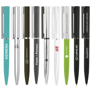 A collection of metal ball pens in various colours, featuring different designs and one logo on each pen.