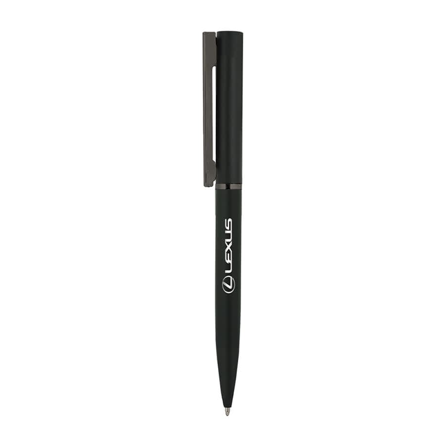 A black metal ballpoint pen with a clip and branding on the barrel.