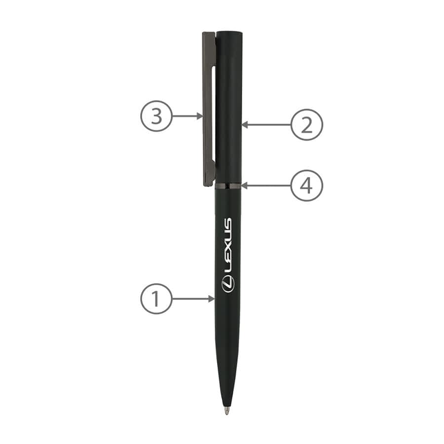A black metal ball pen with a clip and a logo, featuring a sleek design.