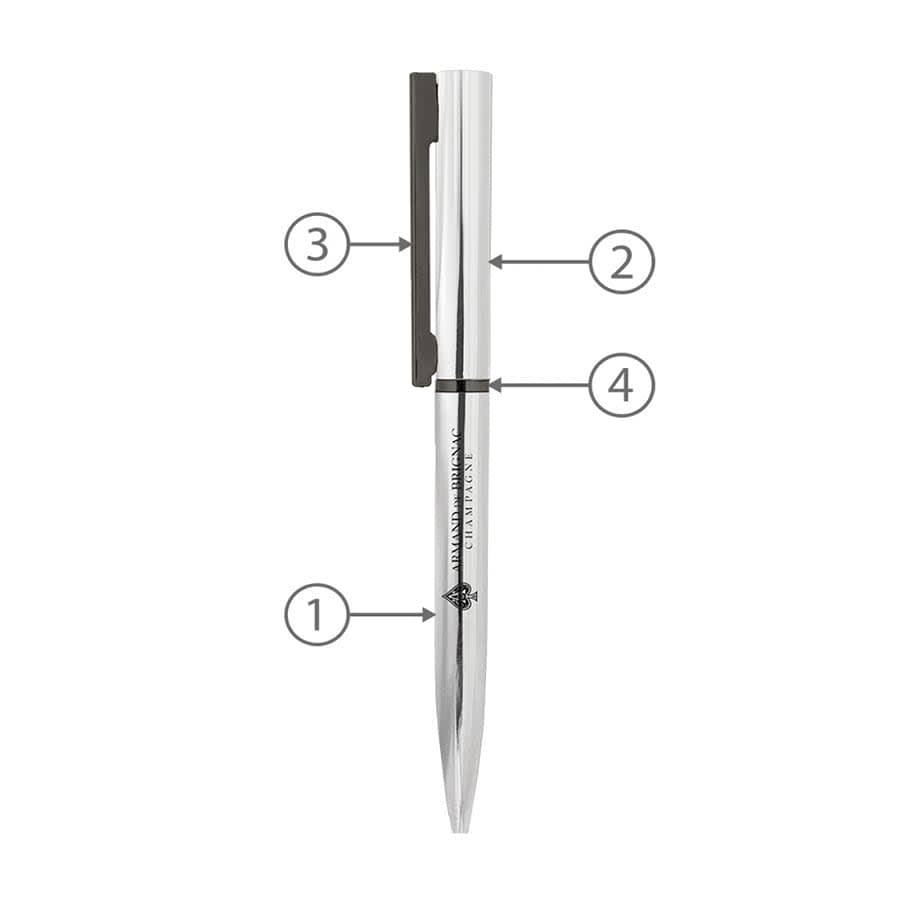 A metallic silver ballpoint pen with a sleek design and a clip for attachment, featuring a logo on the side.