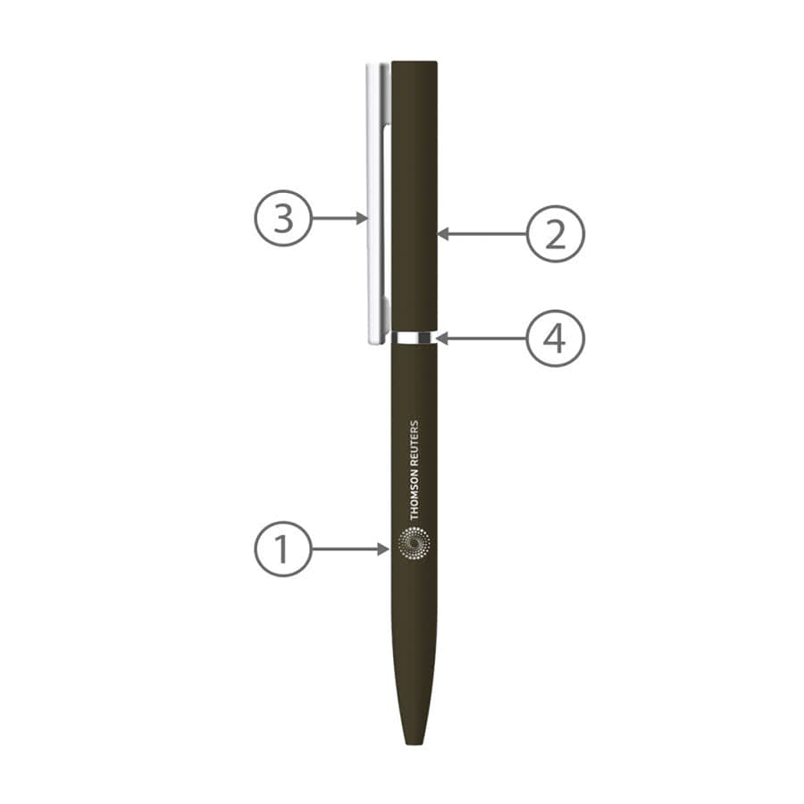 A metal ball pen in dark green with a silver clip and branding on the barrel.
