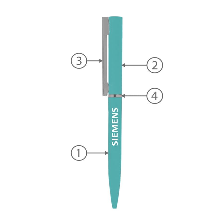 A turquoise metal ball pen with a silver clip, featuring a logo and sleek design.