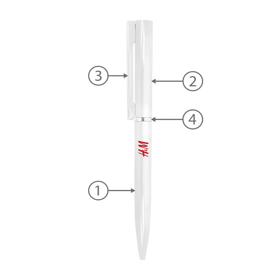 A white twist metal ball pen with a clip and branding. The design is sleek and modern.