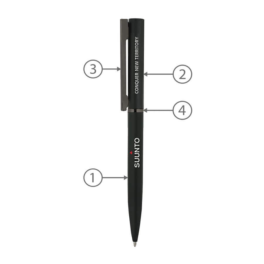 A metal ball pen in black with a clip and a logo, designed for writing.