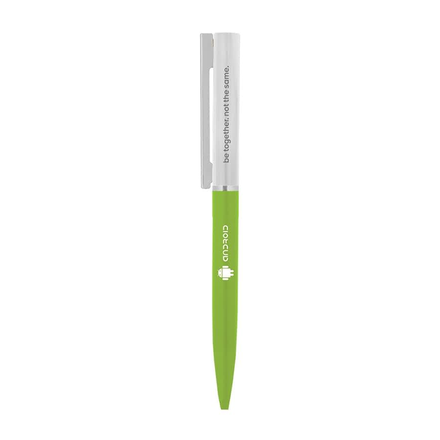 A green metal ballpoint pen with a silver clip and a logo on the barrel.