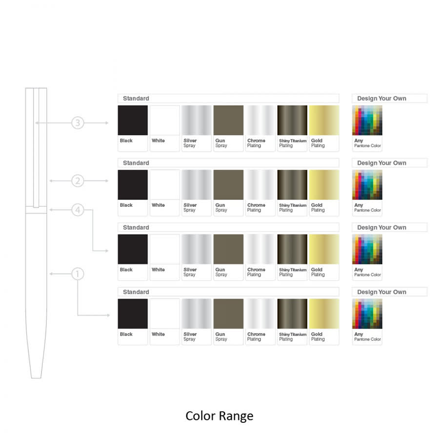A metal ball pen available in various colours, including black, white, silver, and gold, with options for custom designs.
