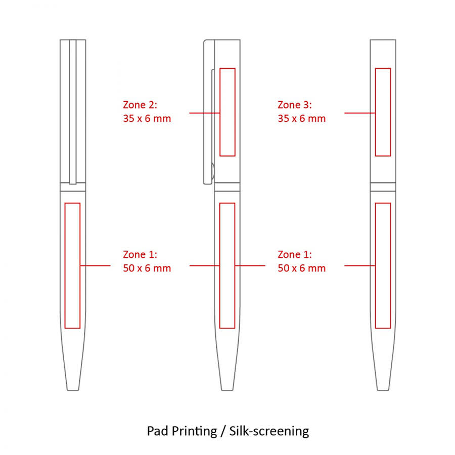 A design blueprint of the BND78XL Twist Metal Ball Pen featuring three zones for printing, outlined in red.