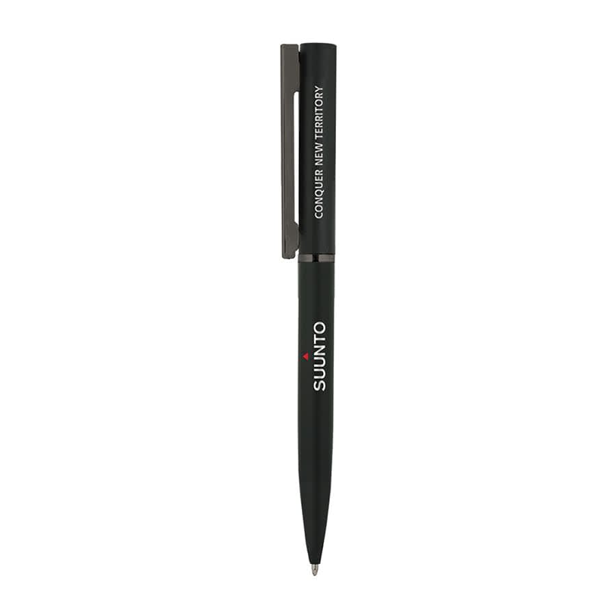 A black metal ballpoint pen with a silver clip and a logo.