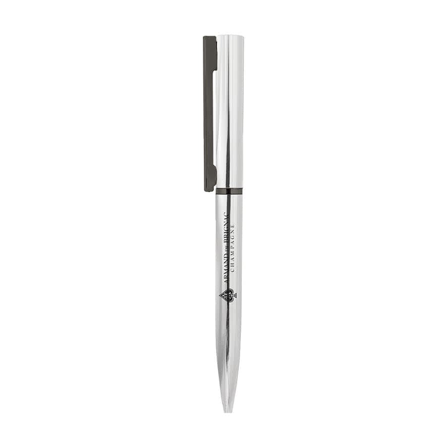 A metallic silver ball pen with a twist mechanism and a clip, featuring a logo on its surface.