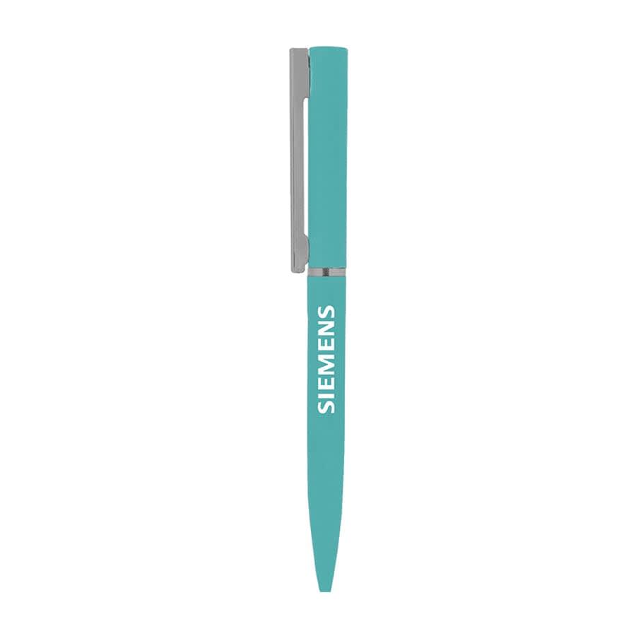 A turquoise metal ball pen with a silver clip and a logo on its body.