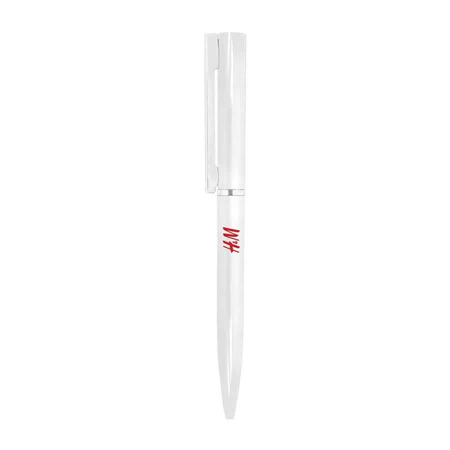 A white metal ballpoint pen with a sleek design and a clip. It features a logo on the barrel.