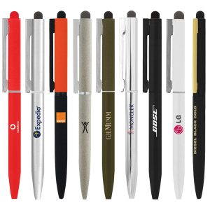A collection of metal ballpoint pens in various colours, featuring different finishes and designs, each with a clip and some logos.