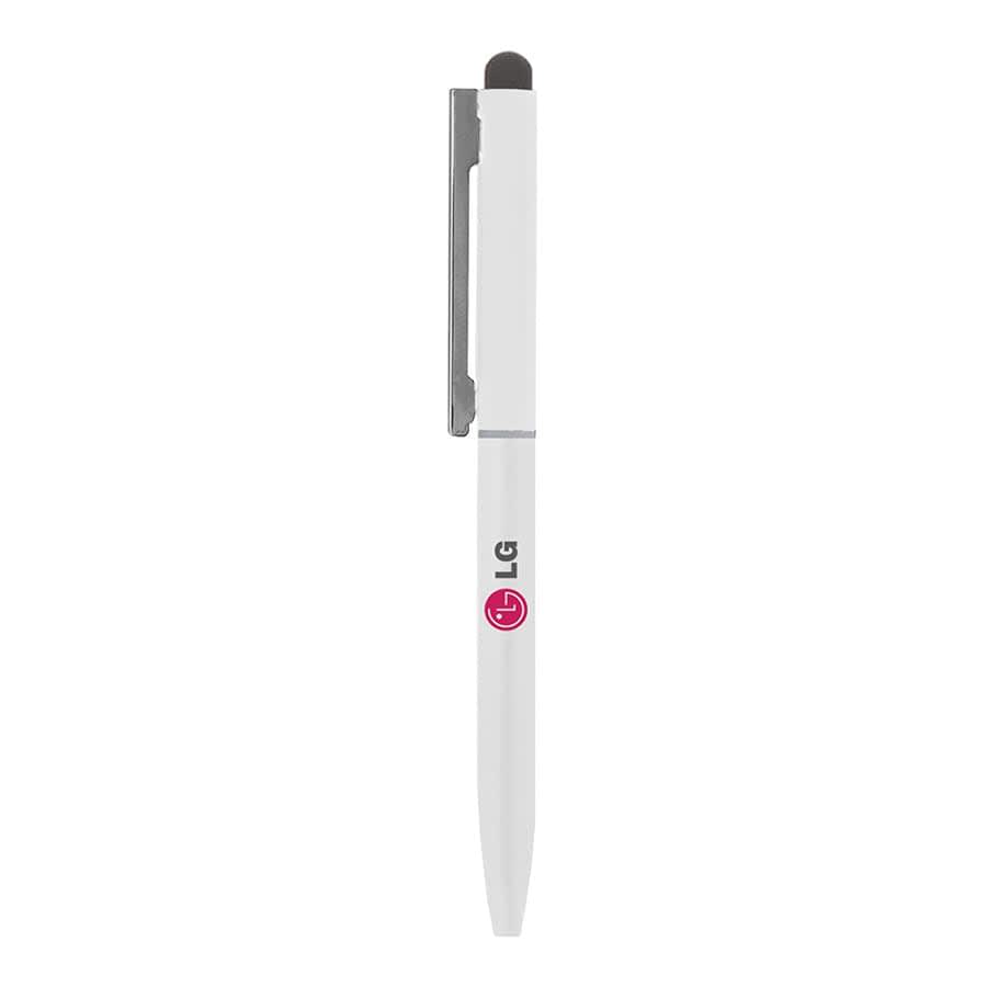 A white metal ballpoint pen with a silver clip and branding, featuring a stylus tip at the end.