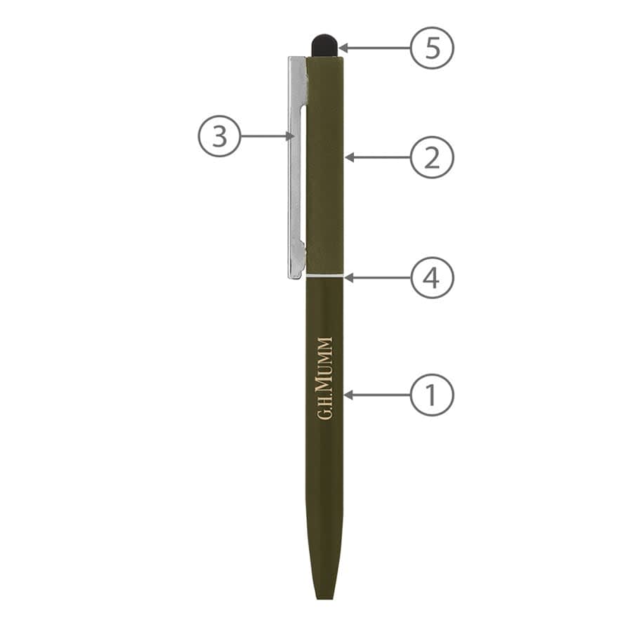 A green metal ballpoint pen with a clip and a stylus tip, featuring a logo on the barrel.