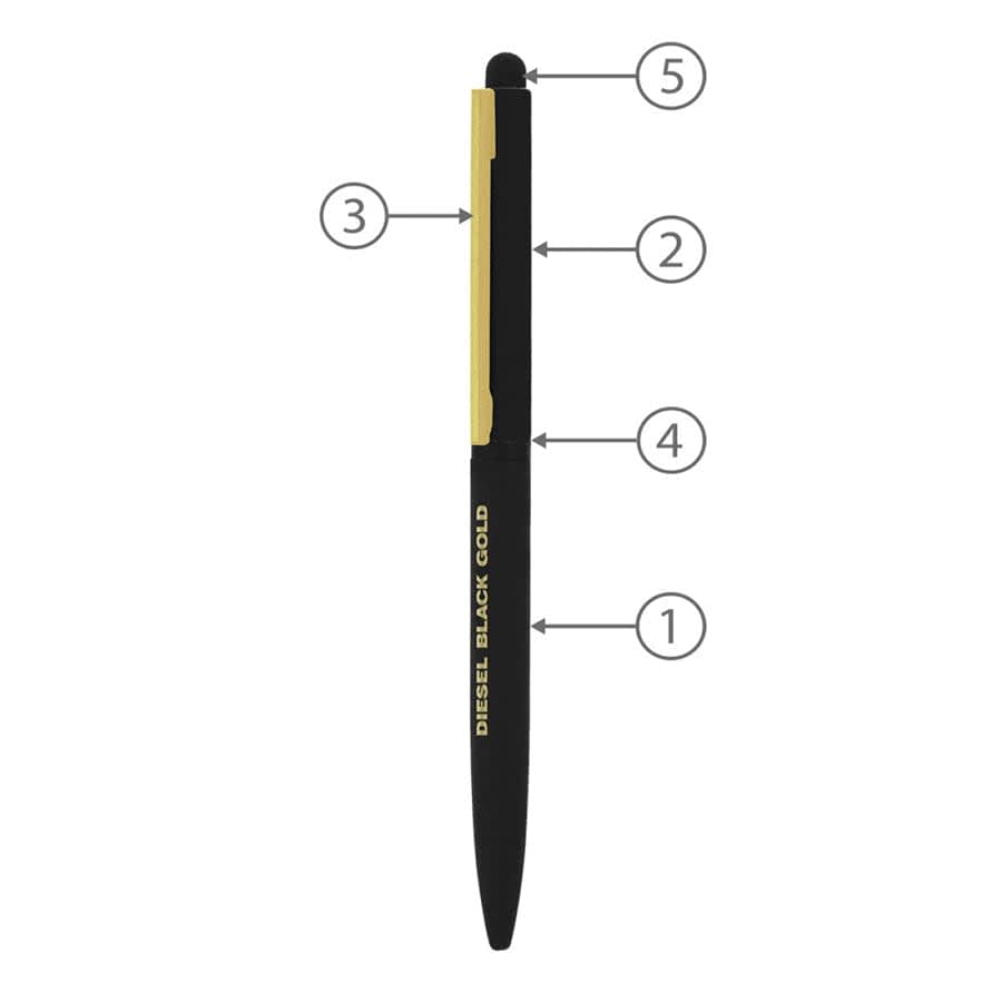 Metal ballpoint pen in black with gold accents, featuring a sleek design and a branding logo.