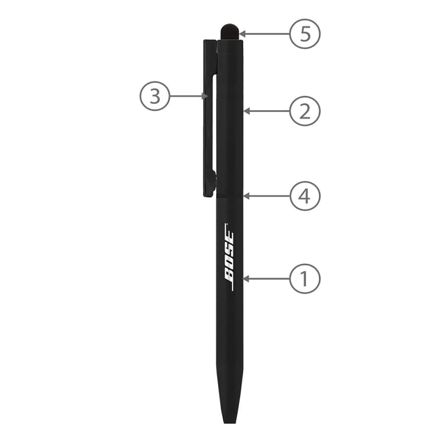 A black metal ballpoint pen with a stylus tip, featuring a clip and branding.