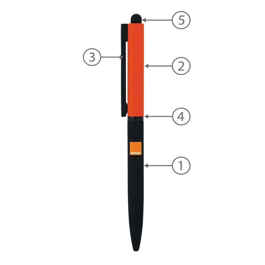 A metal ballpoint pen featuring a black body with an orange accent and a clip, including branding.
