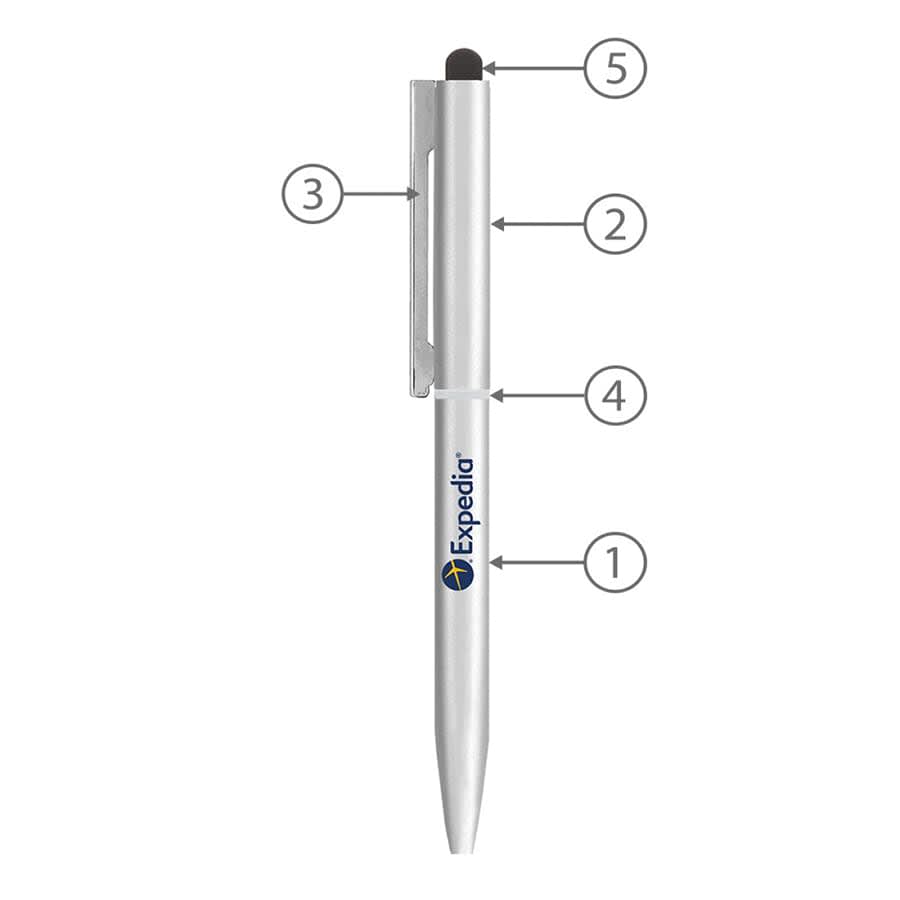 A metal ballpoint pen with a silver finish and stylus tip, featuring a logo and a clip for easy attachment.