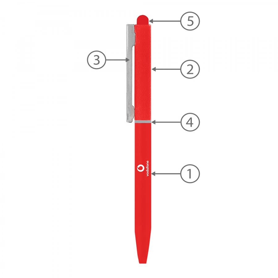 A red metal ballpoint pen with a clip, featuring a twist mechanism and a smooth finish. Includes a branding logo.