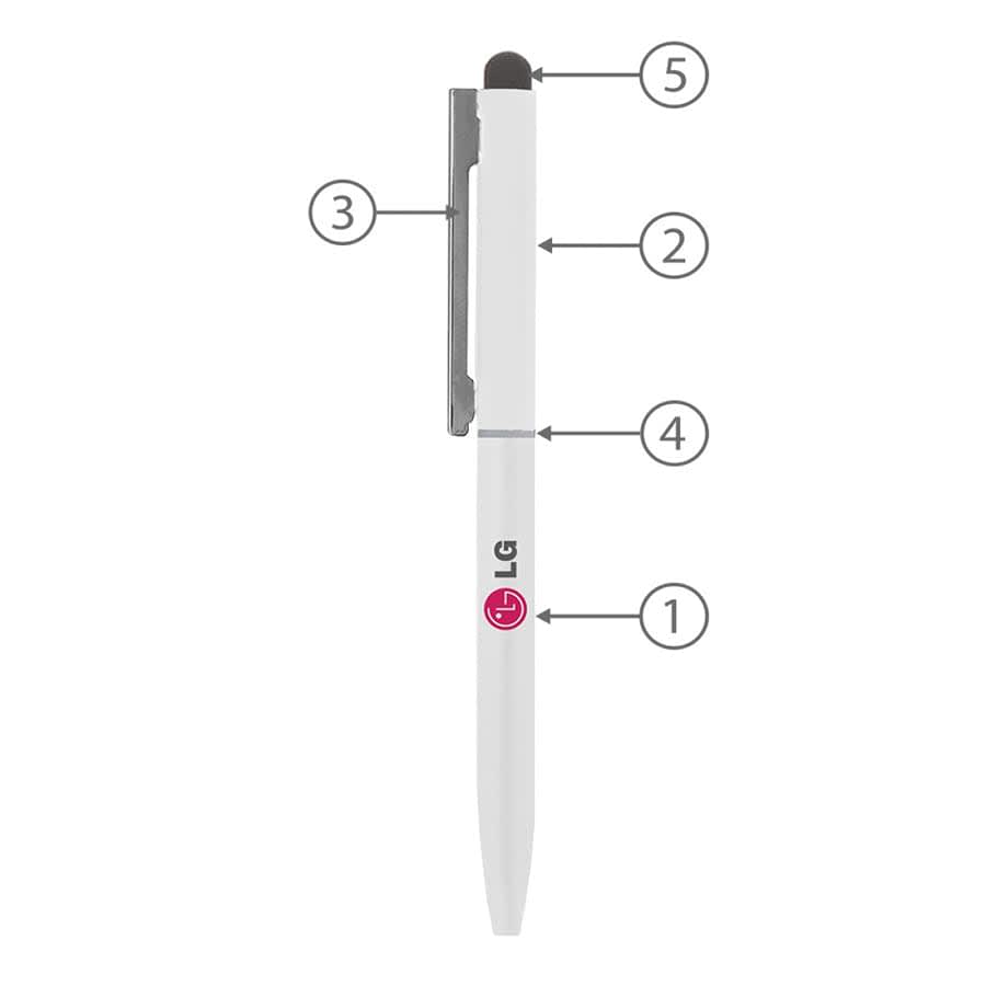 A metal ballpoint pen in white with a clip and stylus tip, featuring a logo.