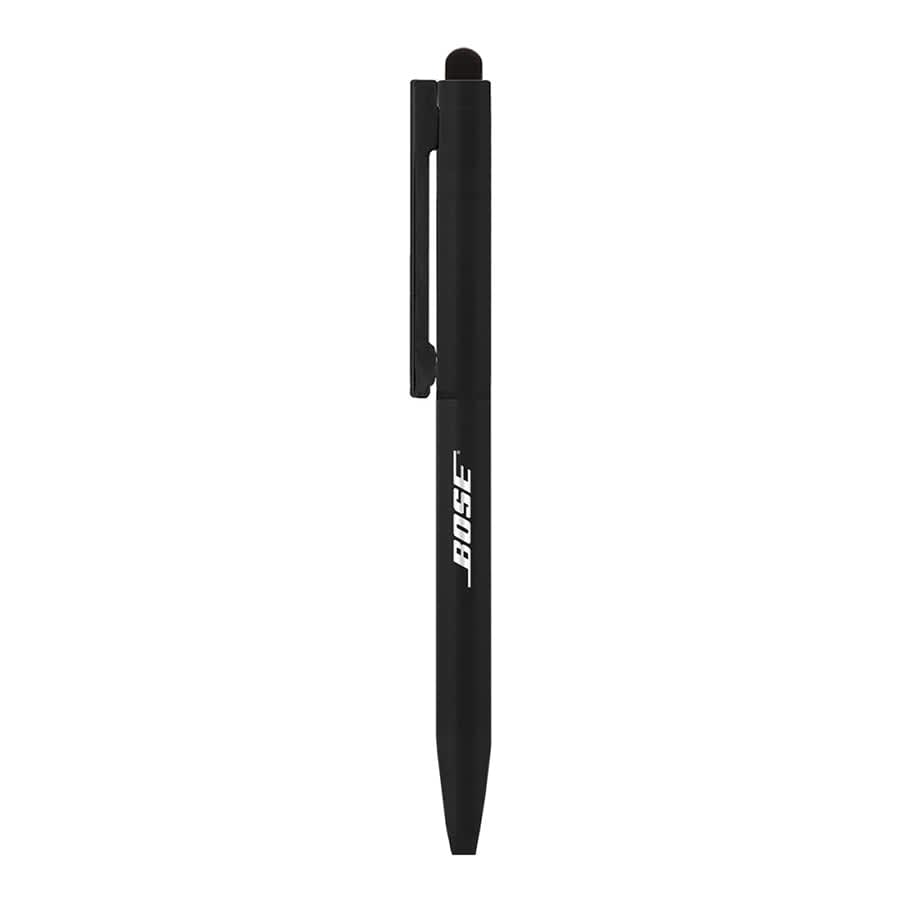 A black metal ballpoint pen with a stylus tip and a clip, featuring a logo.