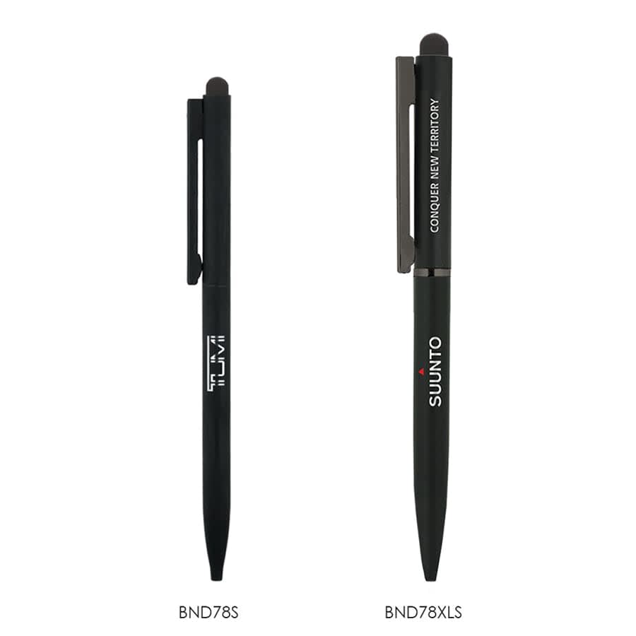 A thin black metal ball pen with a stylus tip and a branding logo on the side.