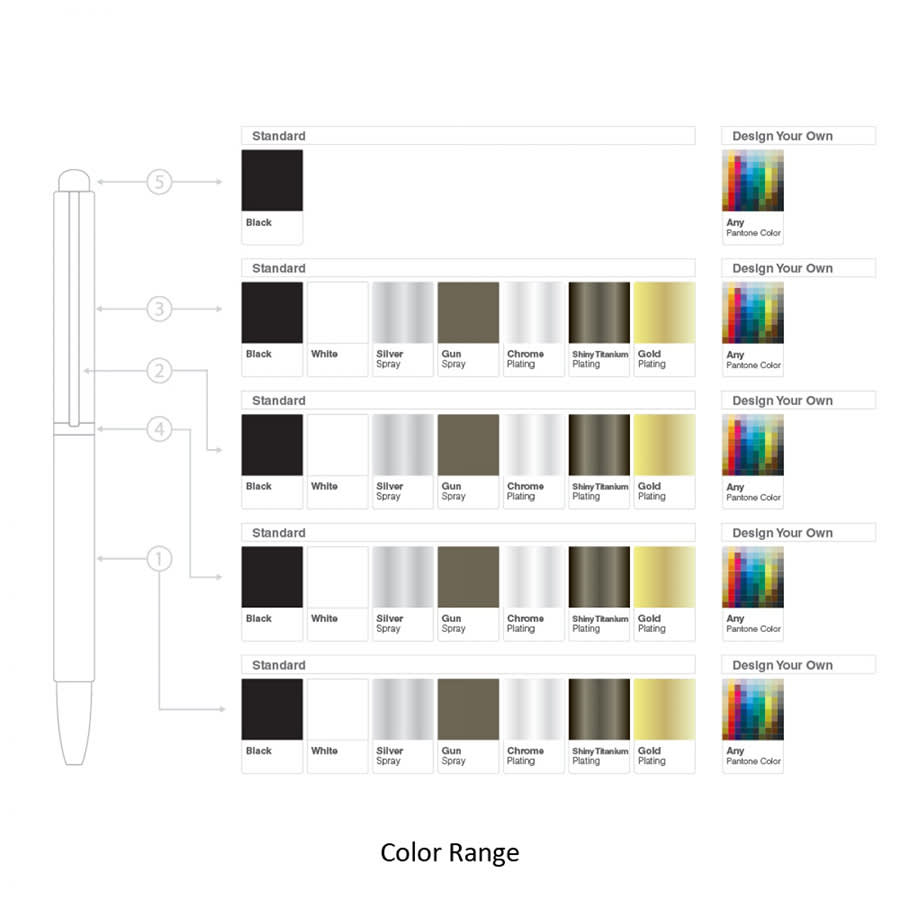 A metal ball pen in various colours including black, silver, gun metal, and gold, featuring a logo.