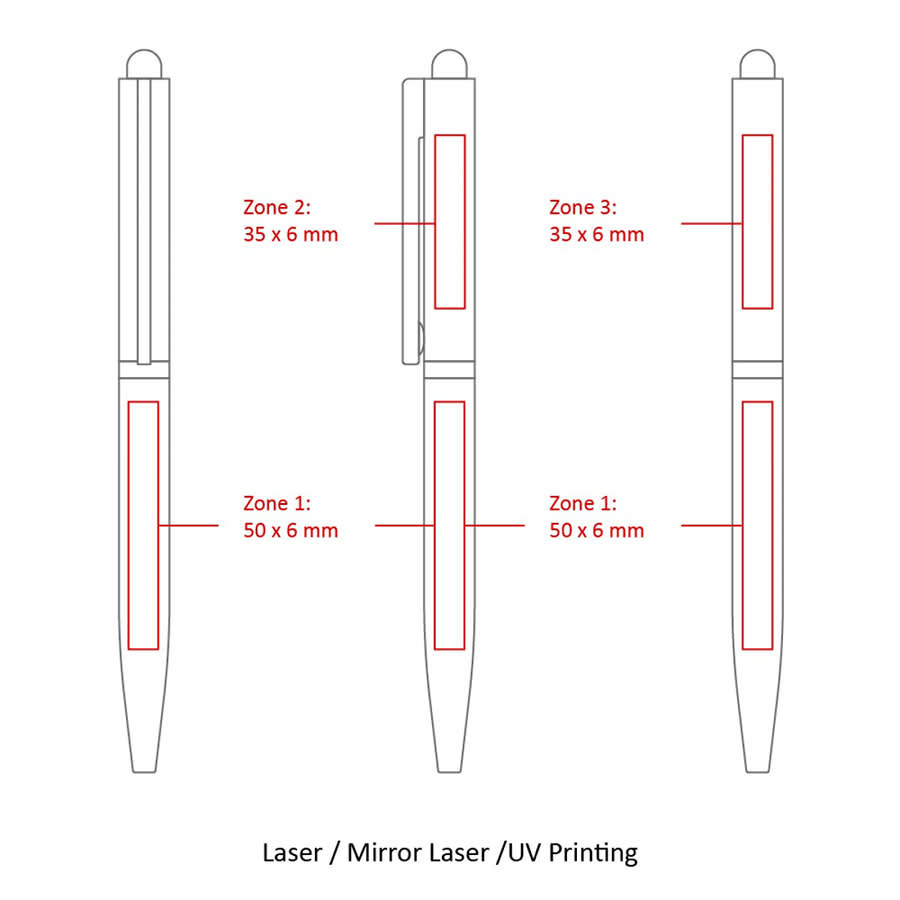 A metal ball pen design with zones for printing, featuring a sleek twist mechanism and a clip. The pen is stylus-compatible.