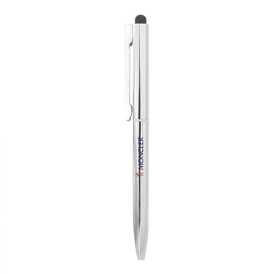 A sleek silver metal ballpoint pen with a twist mechanism and a stylus tip, featuring a logo.