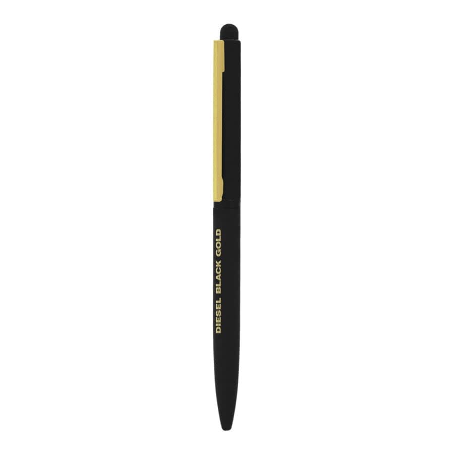 A black and gold metal twist ball pen with a stylus tip and branding.