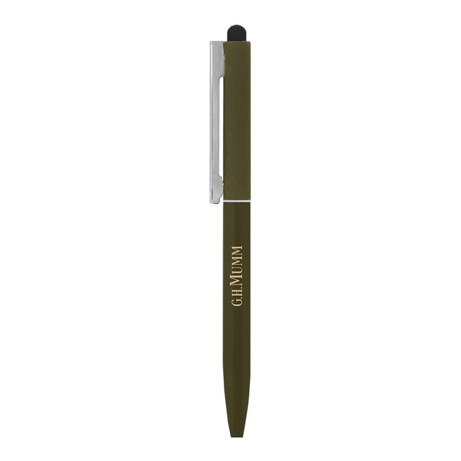 A metal ballpoint pen in olive green with a silver clip and a stylus tip, featuring a logo.
