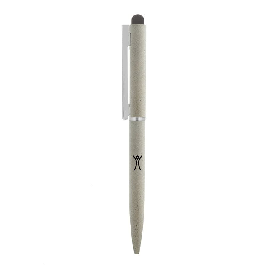 A metal ball pen in grey with a silver clip and a logo on the barrel. It features a twist mechanism and a stylus tip.