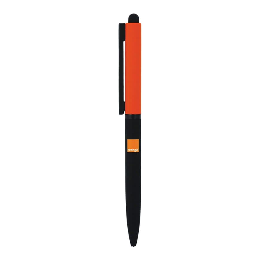 A black and orange metal ballpoint pen with a twist mechanism and a clip, featuring branding on the side.