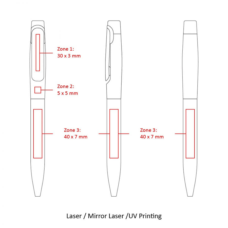 A promotional metal ball pen illustration in white with red zones for printing specifications.