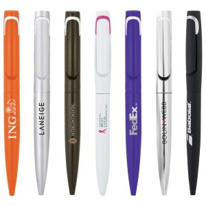 A collection of metal ballpoint pens in various colours, including orange, olive green, white, purple, silver, and black, featuring logos.
