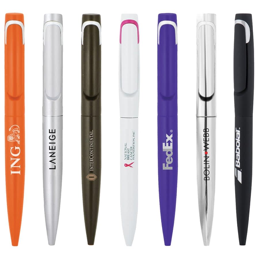 A collection of metal ballpoint pens in various colours, including orange, olive green, white, purple, silver, and black, featuring logos.