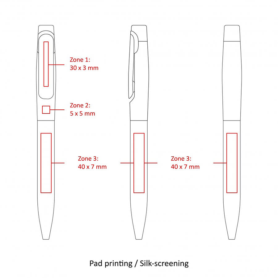 A metal ballpoint pen with a sleek design, featuring areas for pad printing or silk-screening in multiple zones.