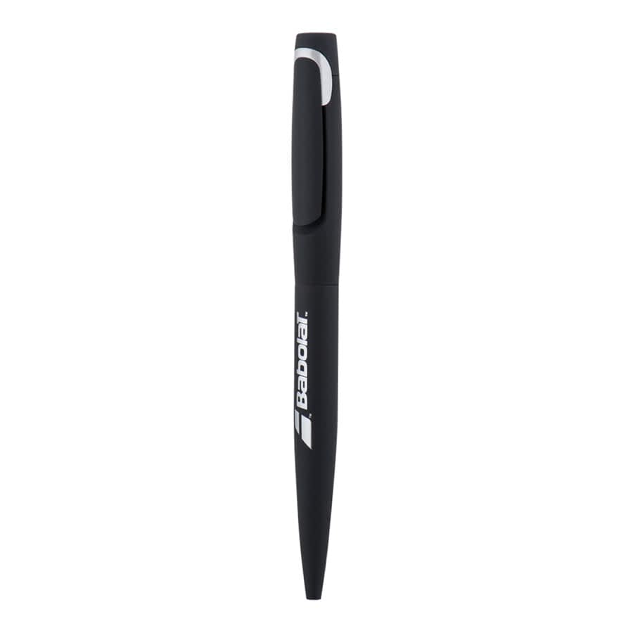 A black metal ballpoint pen with a sleek design and a clip, featuring a logo on the side.