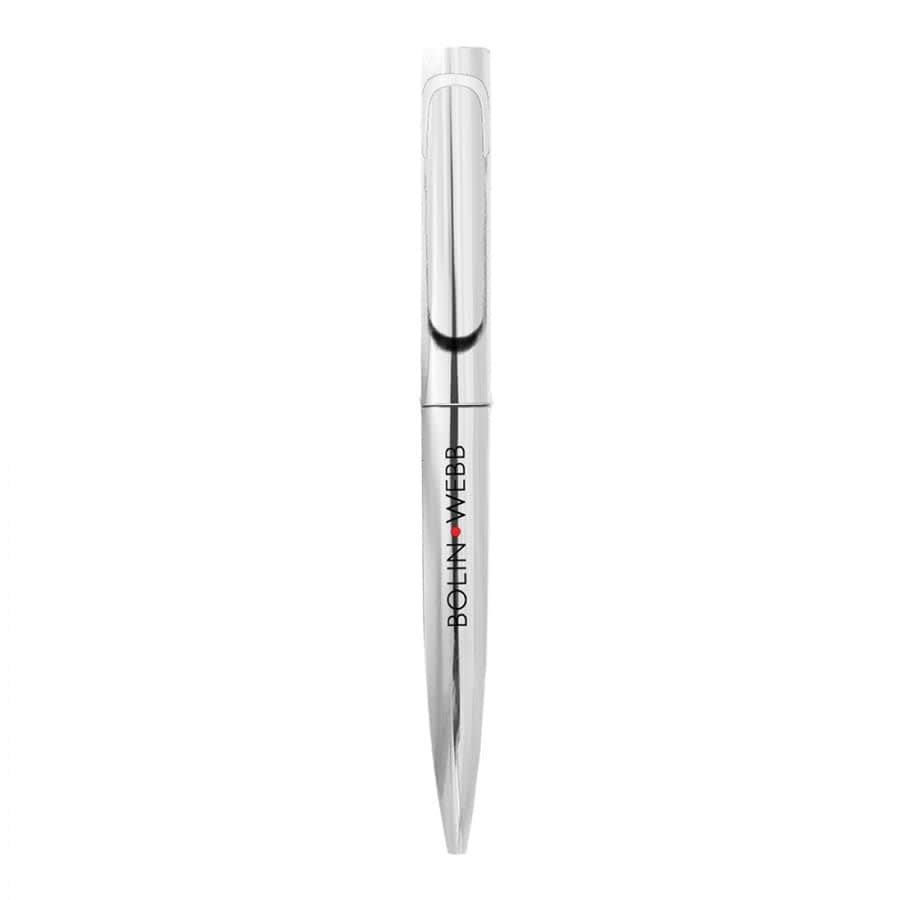A silver metal ballpoint pen with a smooth twist mechanism and a logo on the barrel.