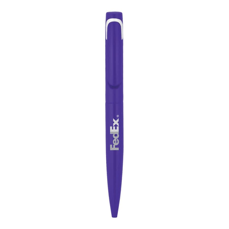 A purple metal ball pen with a clip and branding logo. Ideal for writing tasks.