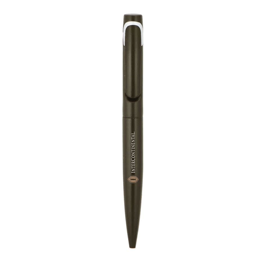 A metal ballpoint pen in dark green with a clip and branding on the barrel.