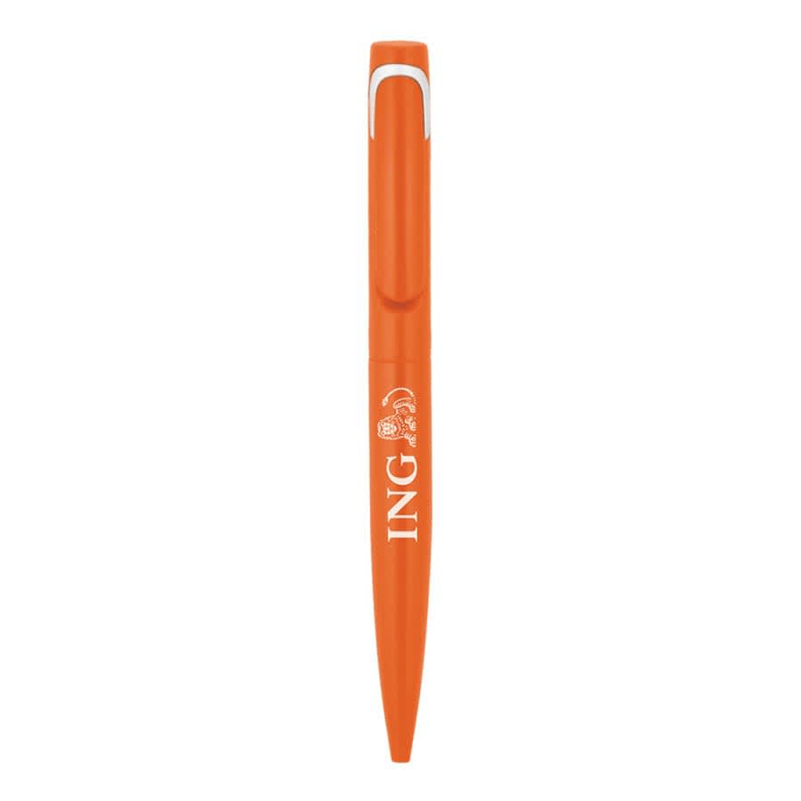 An orange metal ballpoint pen with a clip and branding on the side.