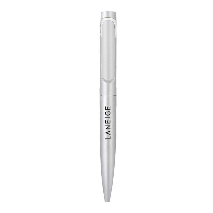 A silver metal ballpoint pen with a clip and branding. It features a sleek design suitable for writing.