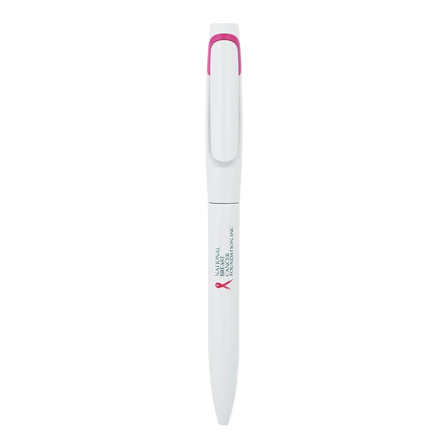 A white metal ballpoint pen with a pink clip, featuring a logo on the barrel.