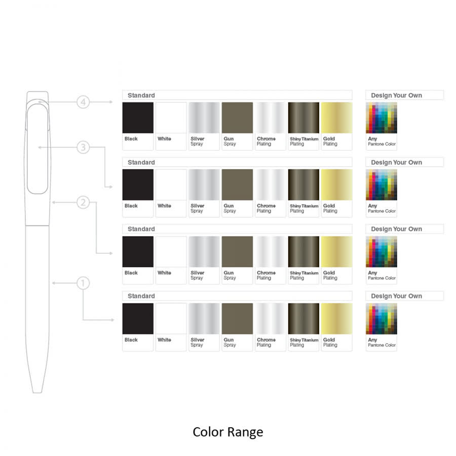 A collection of metal ball pens in various colours, including black, white, gun metal, silver, and gold, with a logo.