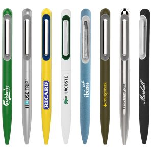 A collection of metal pens in various colours, featuring different designs and a logo on some.