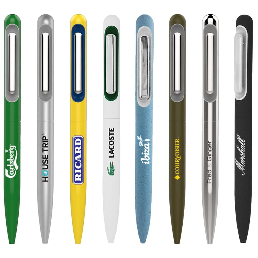 A collection of metal pens in various colours, featuring different designs and a logo on some.