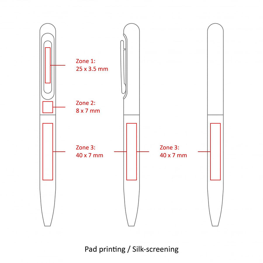 A drawing of the BND81 SOO twist metal ball pen, featuring zones for custom printing with specified dimensions. The pen is metal and has a sleek design.