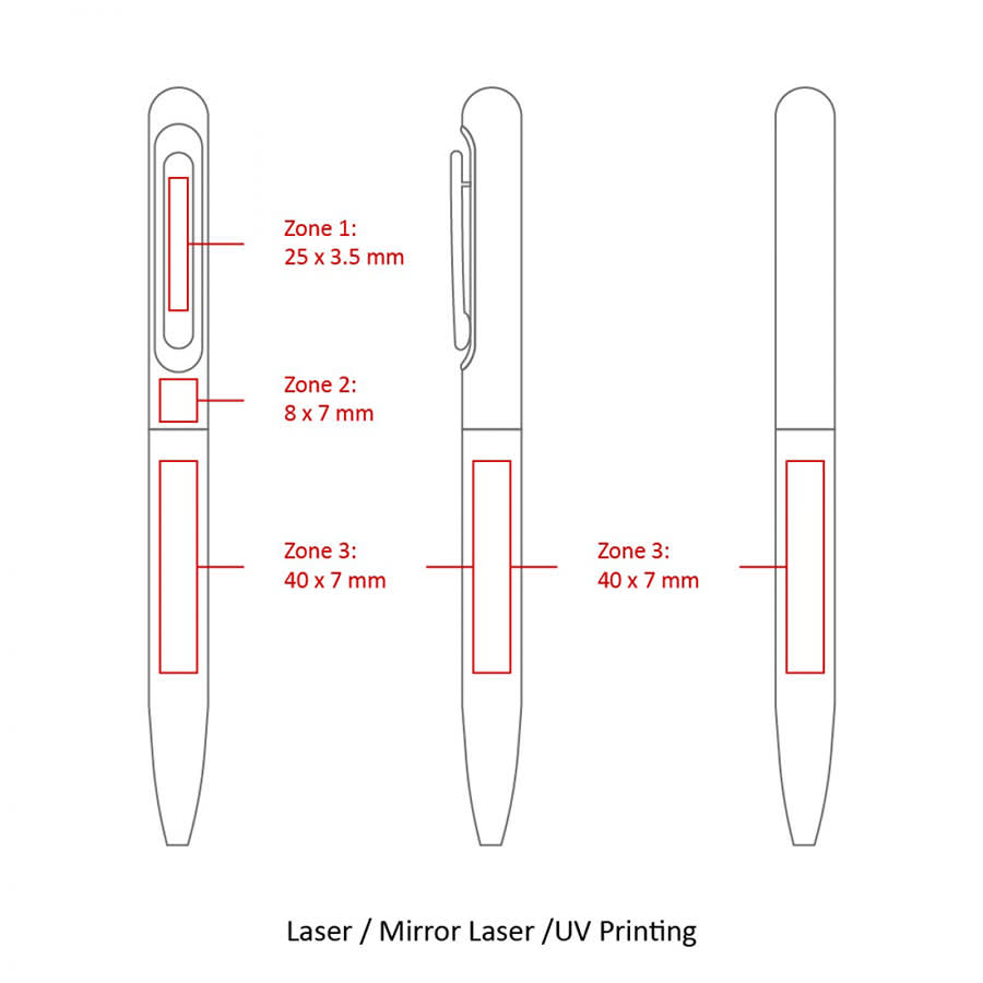 A diagram featuring the BND81 SOO twist metal ball pen, outlining dimensions and print zones in detail.