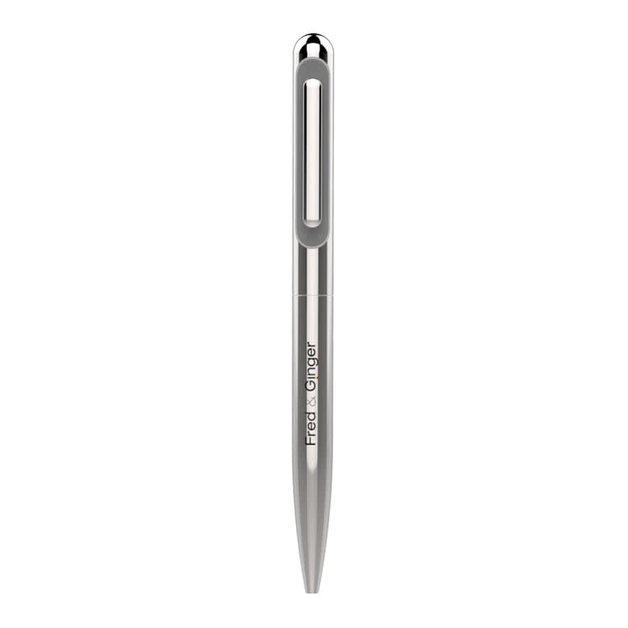 A sleek silver metal ballpoint pen with a sleek design and a small logo on the side.